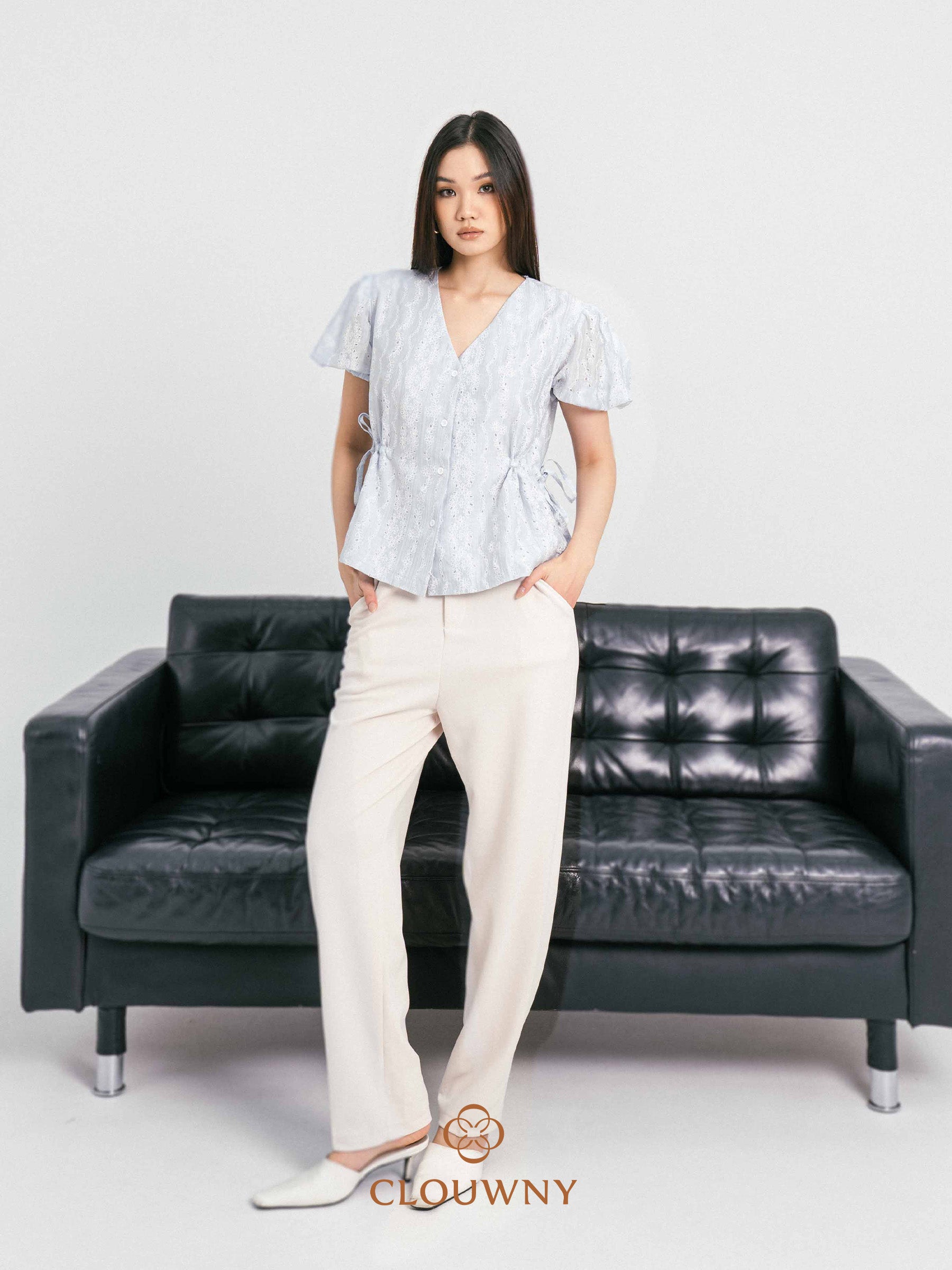Angela Embroidery Drawstring Blouse - Blue